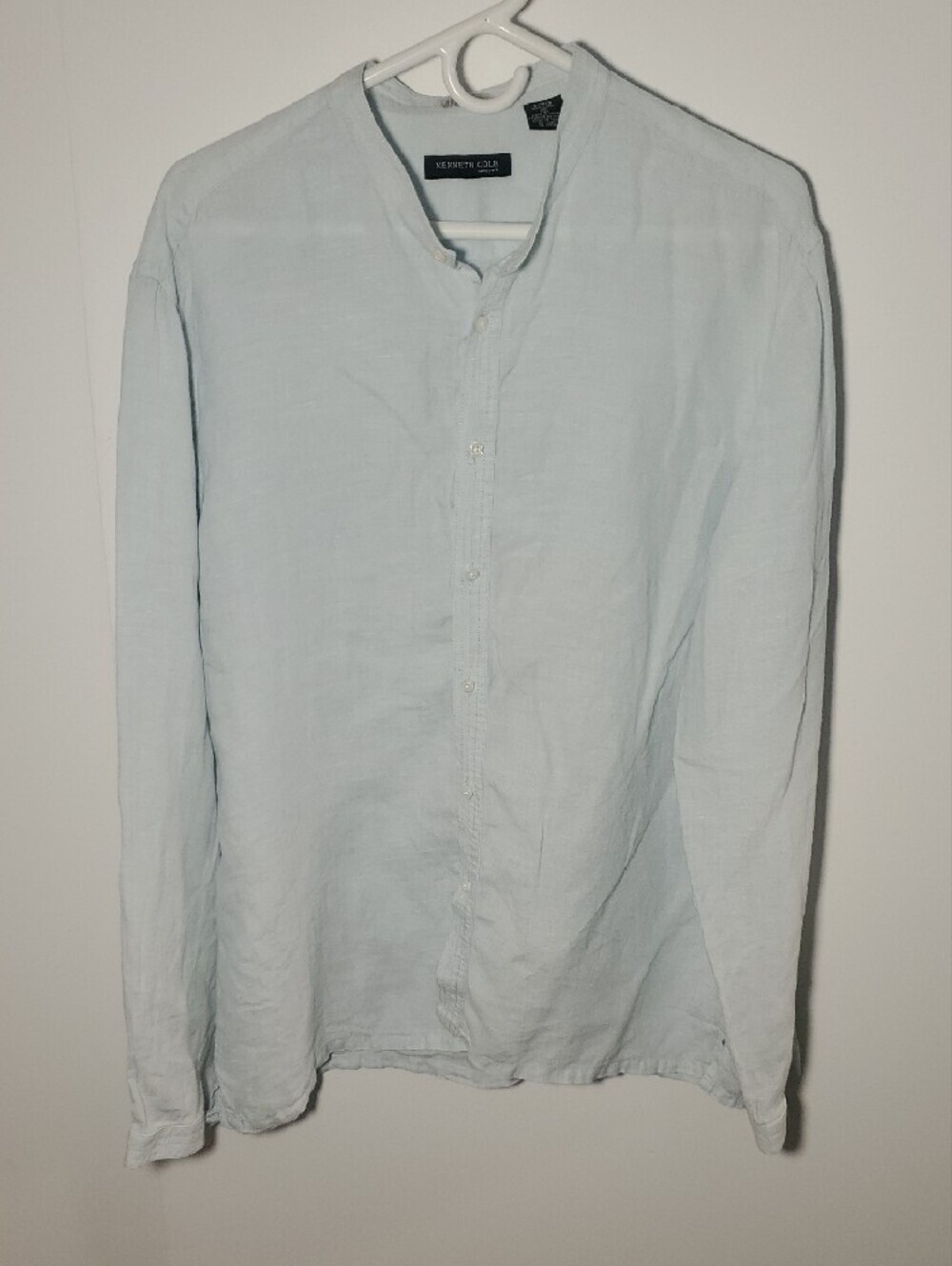 Kenneth Cole men's Light Blue Linen Band-Collar Button-Down Shirt Size L